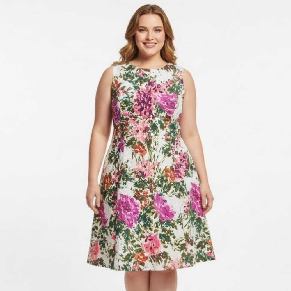 LIZ CLAIBORNE Pink Multicolor Floral Textured Fit & Flare Sleeveless Dress 14NWT